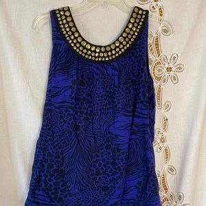 2/15 Size M Women's Studio Works Blue, Black, and Gold Animal Print Tank Top